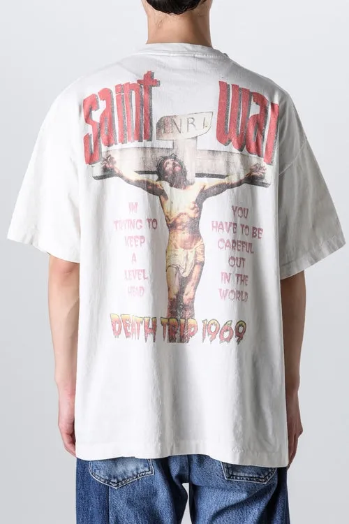 SAINT MICHAEL SAINT WAR TEE/WHAT new style Jesus cross retro short-sleeved, off-white S-XL, ready-to-wear, washed and distressed, printed repeatedly and modified, tube-woven seamless fabric, with little angel anti-counterfeiting label